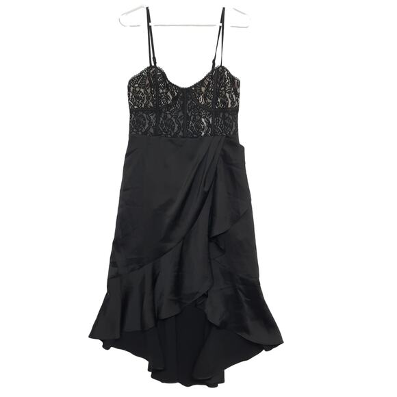 NWT Black Satin Lace Midi Dress Sz Large Corset Ruffle Hem Formal Cocktail - Picture 2 of 12